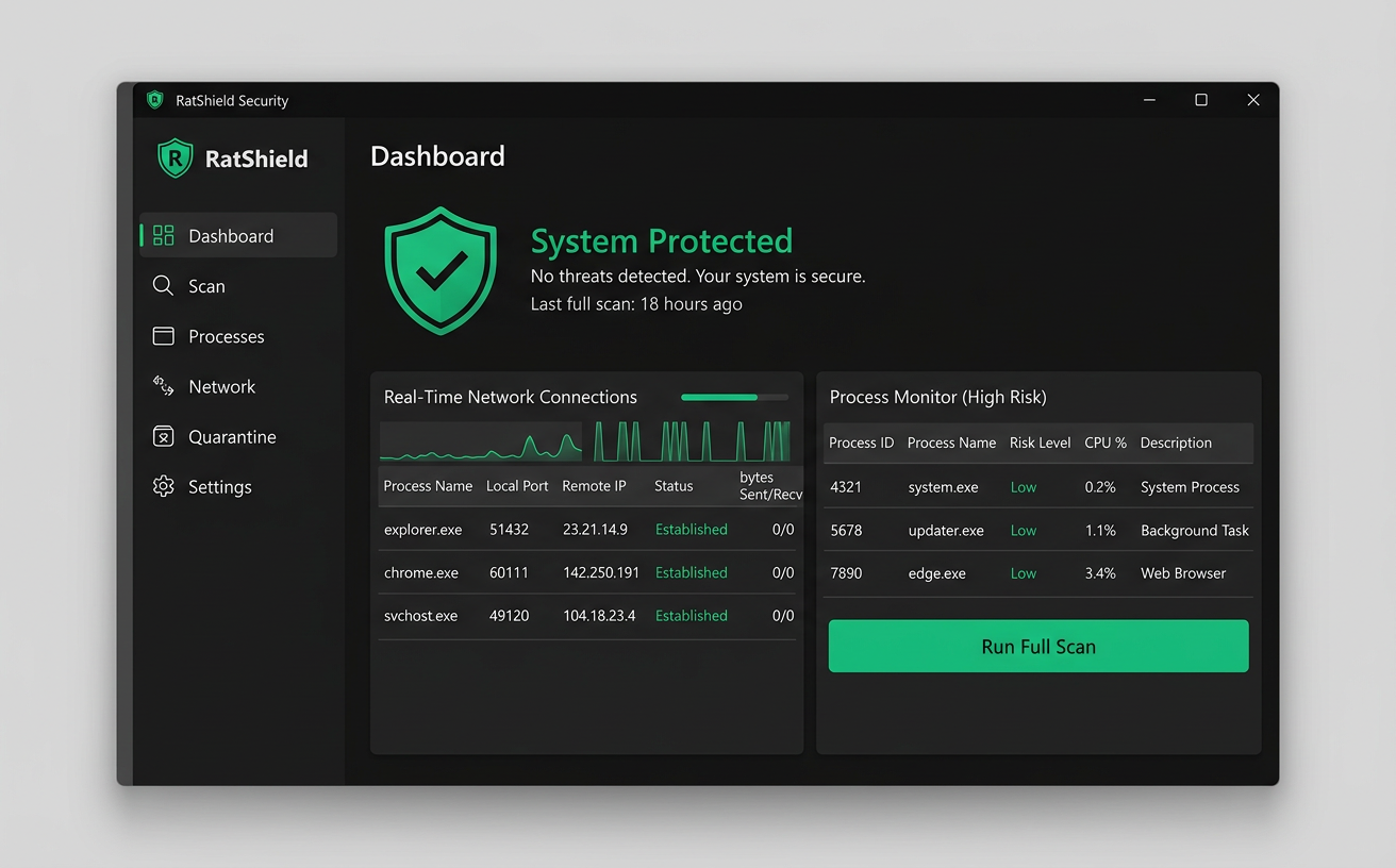 RatShield dashboard showing system protected status, real-time network connections and a process monitor